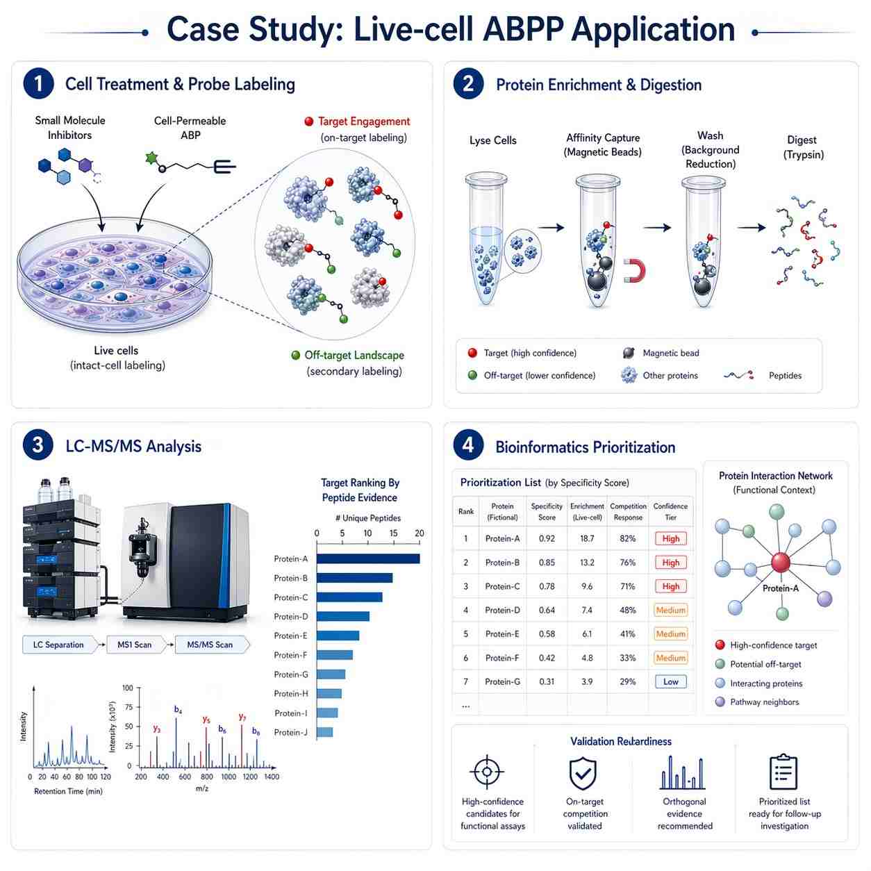 Chemical proteomics workflow for covalent inhibitor target engagement and off-target profiling.