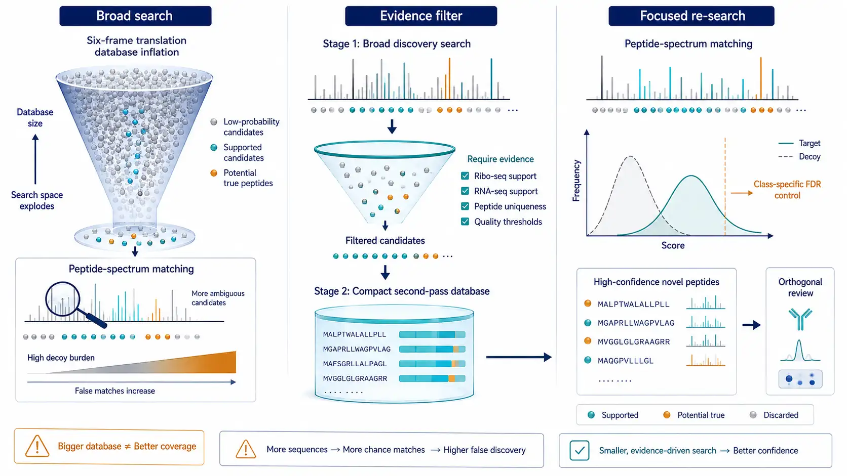 Two-stage cascade search showing how an inflated translation database is filtered into a focused second-pass database with class-specific false discovery rate control.