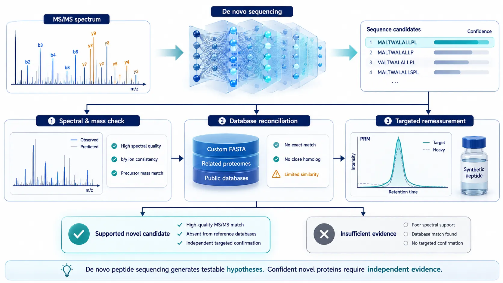 Fragmented transcript contigs and shared peptides mapping to several related proteins, illustrating peptide-level, protein-group, and isoform-level evidence.