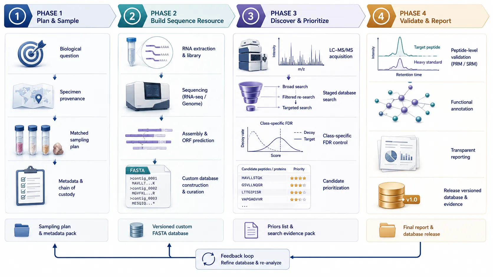 Four-phase SOP for non-model organism proteomics from biological question and sequence audit through custom database searching, validation, annotation, and database refinement.
