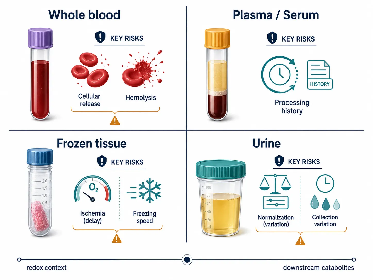 Matrix-specific comparison showing whole blood and plasma hemolysis risk, tissue ischemia and freezing risk, and urine normalization and collection-history risk for archived NAD studies.