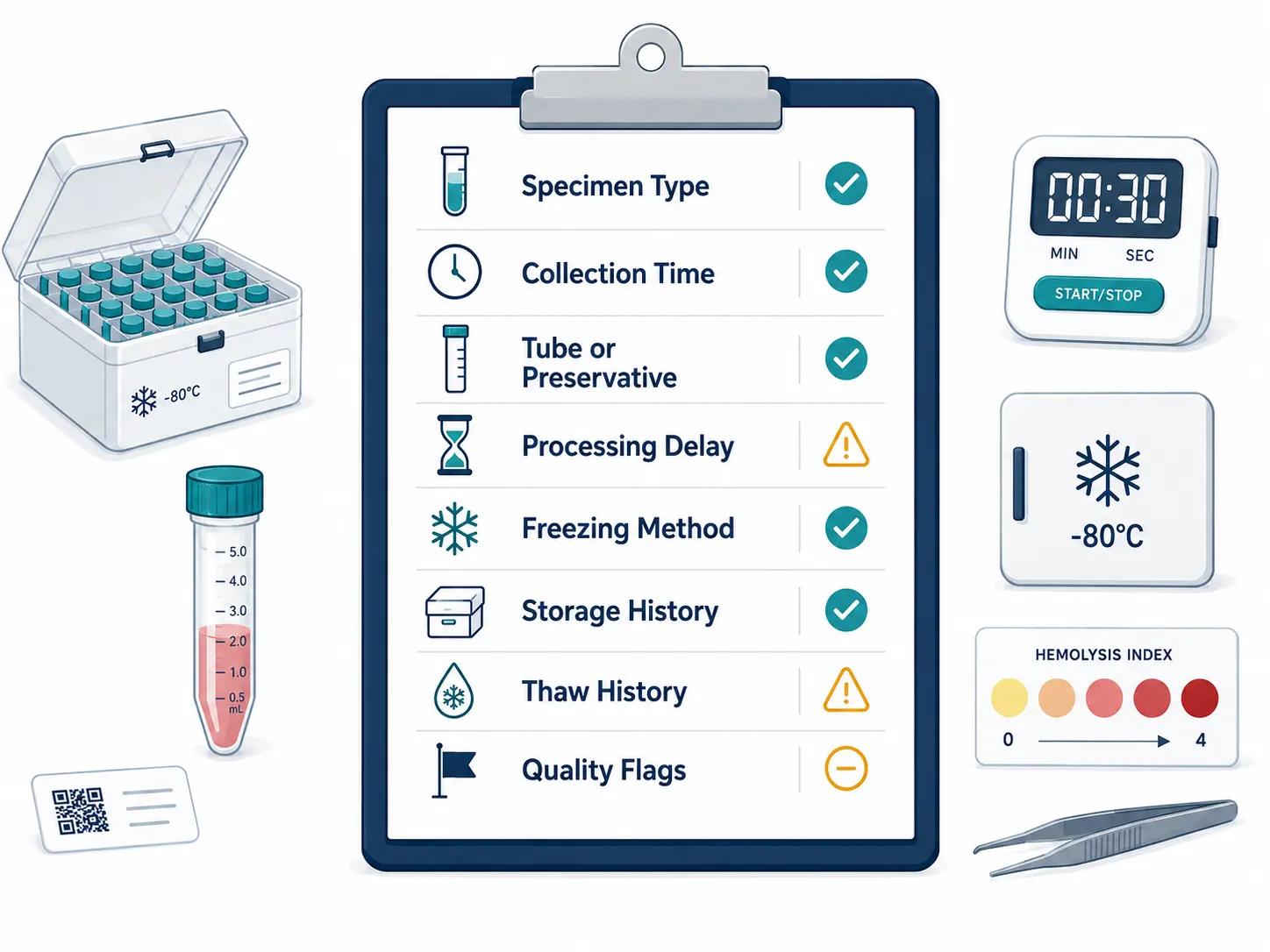 Archive-manifest checklist showing specimen type, collection and processing time, tube or preservative, freezing method, storage history, thaw record, and matrix-specific quality flags.
