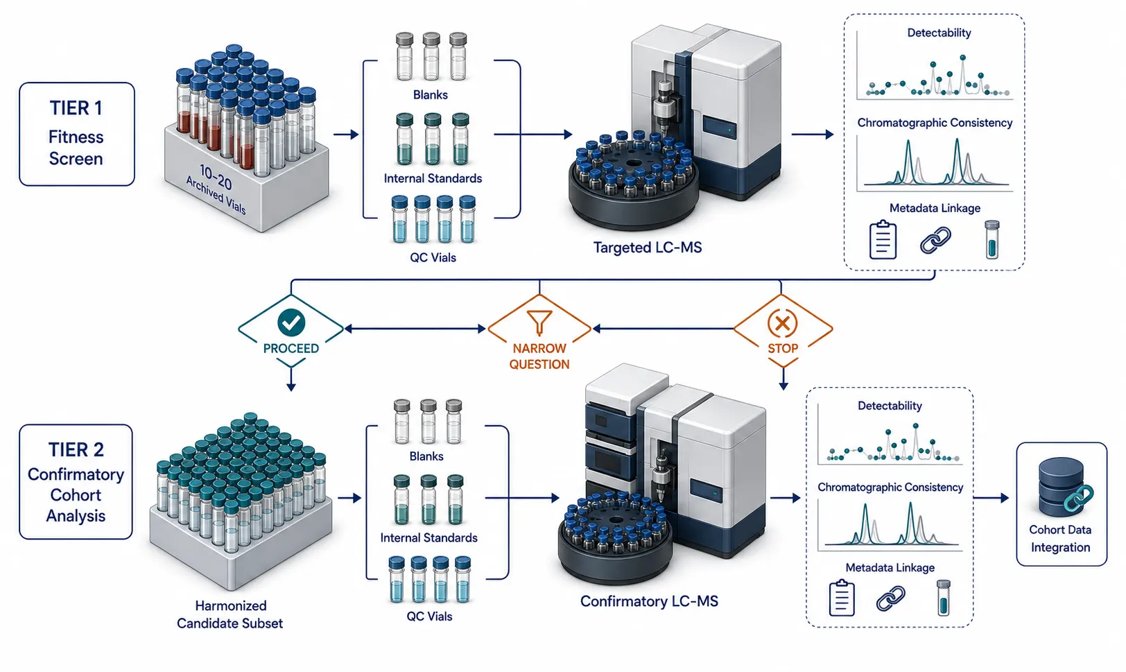 Two-tier pilot workflow showing representative archived samples entering a targeted fitness screen, metadata-linked quality review, and a go, narrow, or stop decision before cohort-scale analysis..