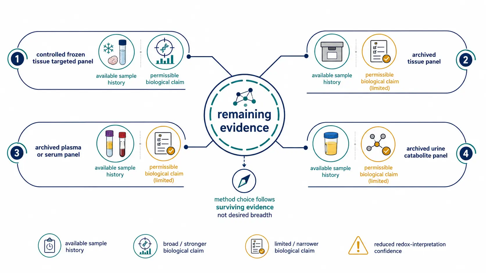Scientific comparison matrix showing four archived NAD study routes, from controlled frozen tissue through archived urine, with evidence strength and redox-interpretation limits.