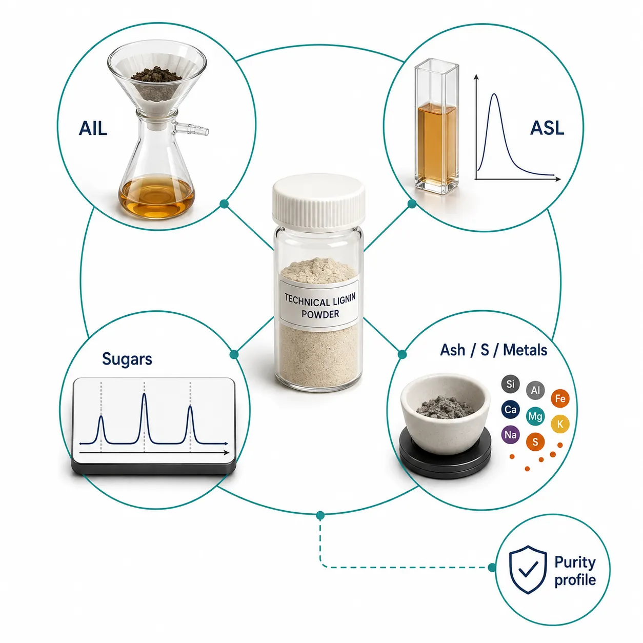 Radial profile of acid-insoluble lignin, acid-soluble lignin, residual sugars, ash, sulfur, and metals in technical lignin.