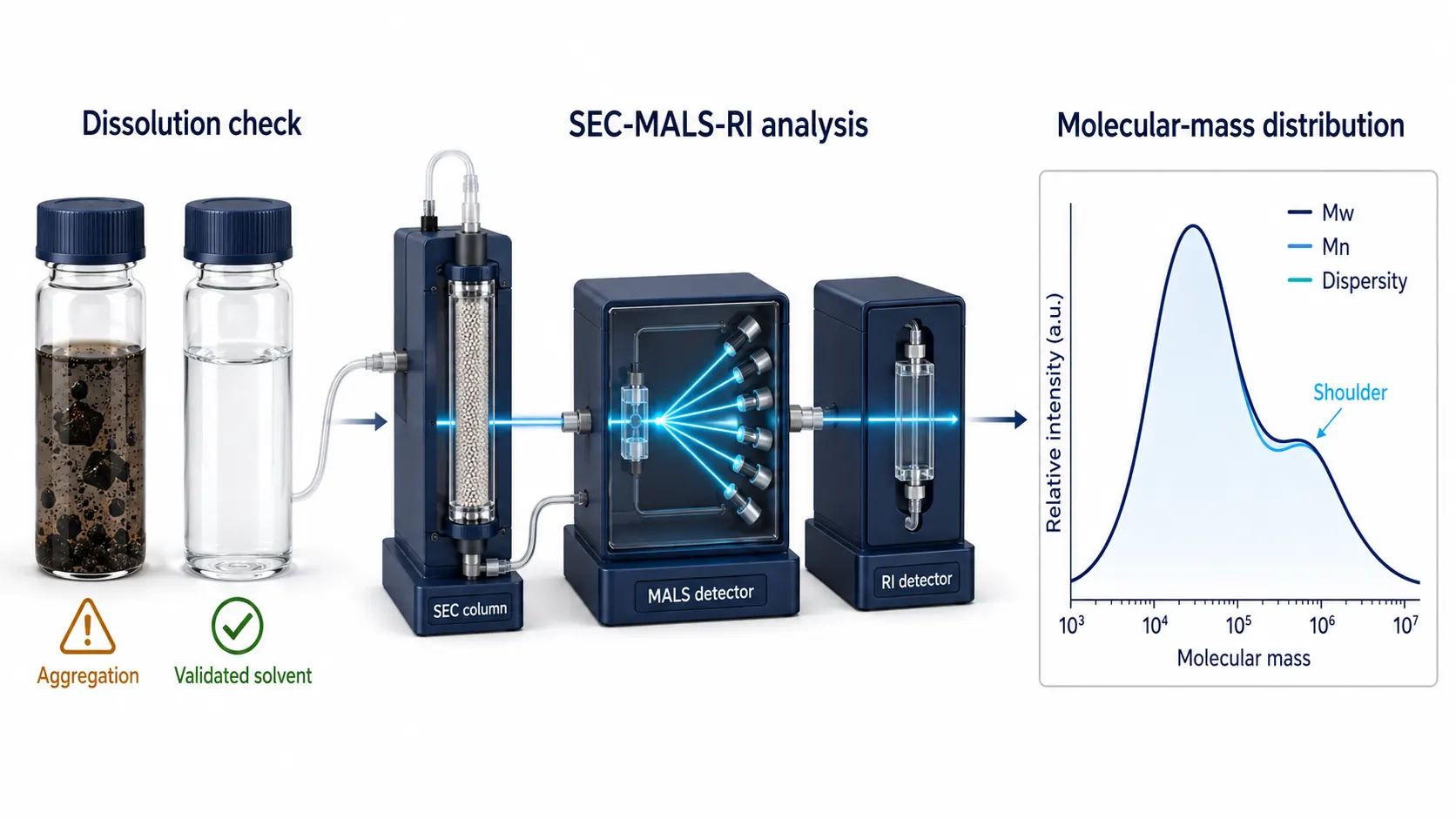 SEC-MALS workflow showing lignin dissolution quality, chromatographic separation, and molecular-mass distribution outputs.