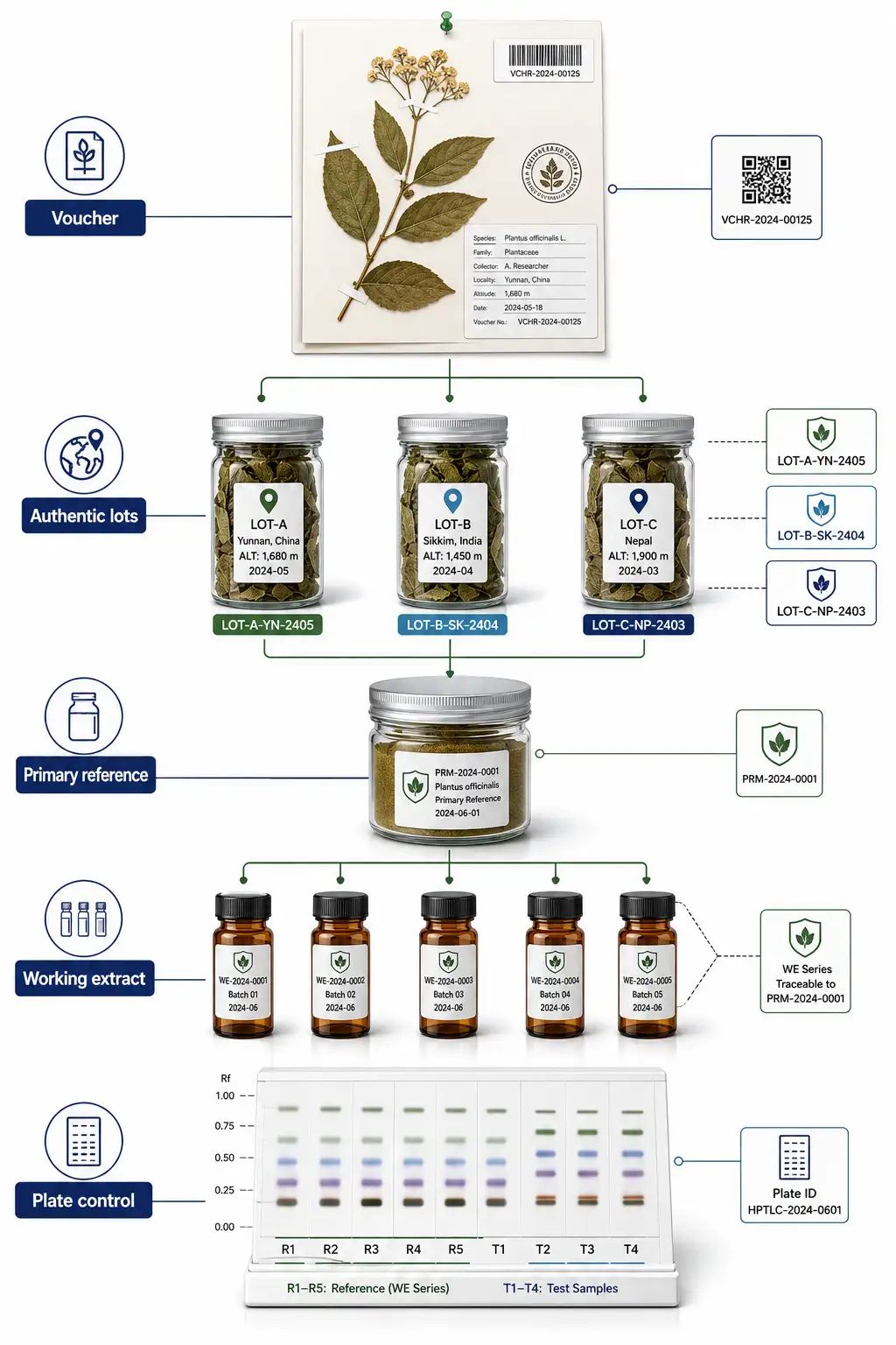 A traceability hierarchy connecting a herbarium voucher, authenticated botanical lots, a primary reference material, working extracts, and plate-level controls.