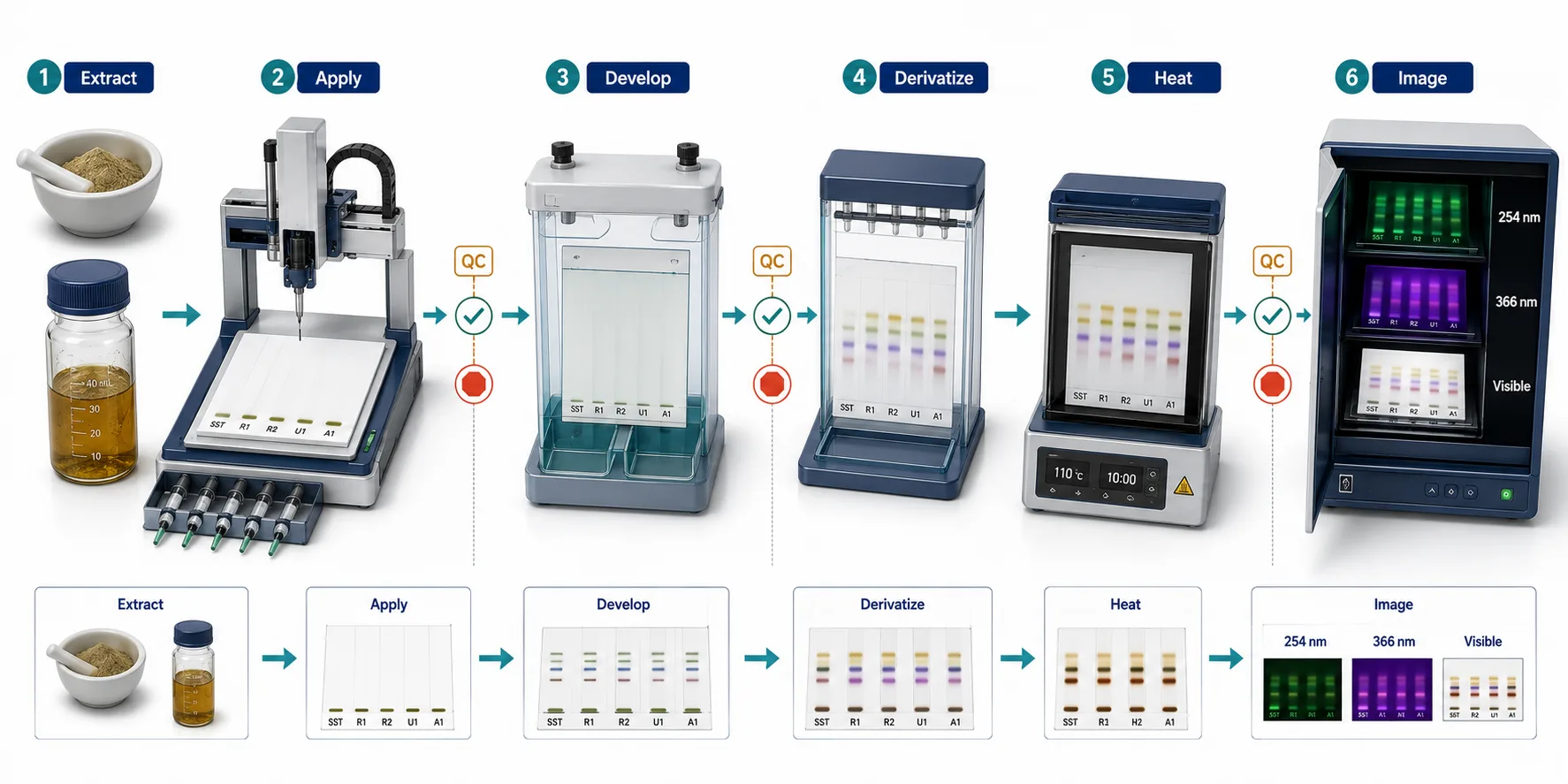 A controlled HPTLC workflow showing automated band application, chamber conditioning, plate development, derivatization, multi-wavelength imaging, and plate-level suitability gates.