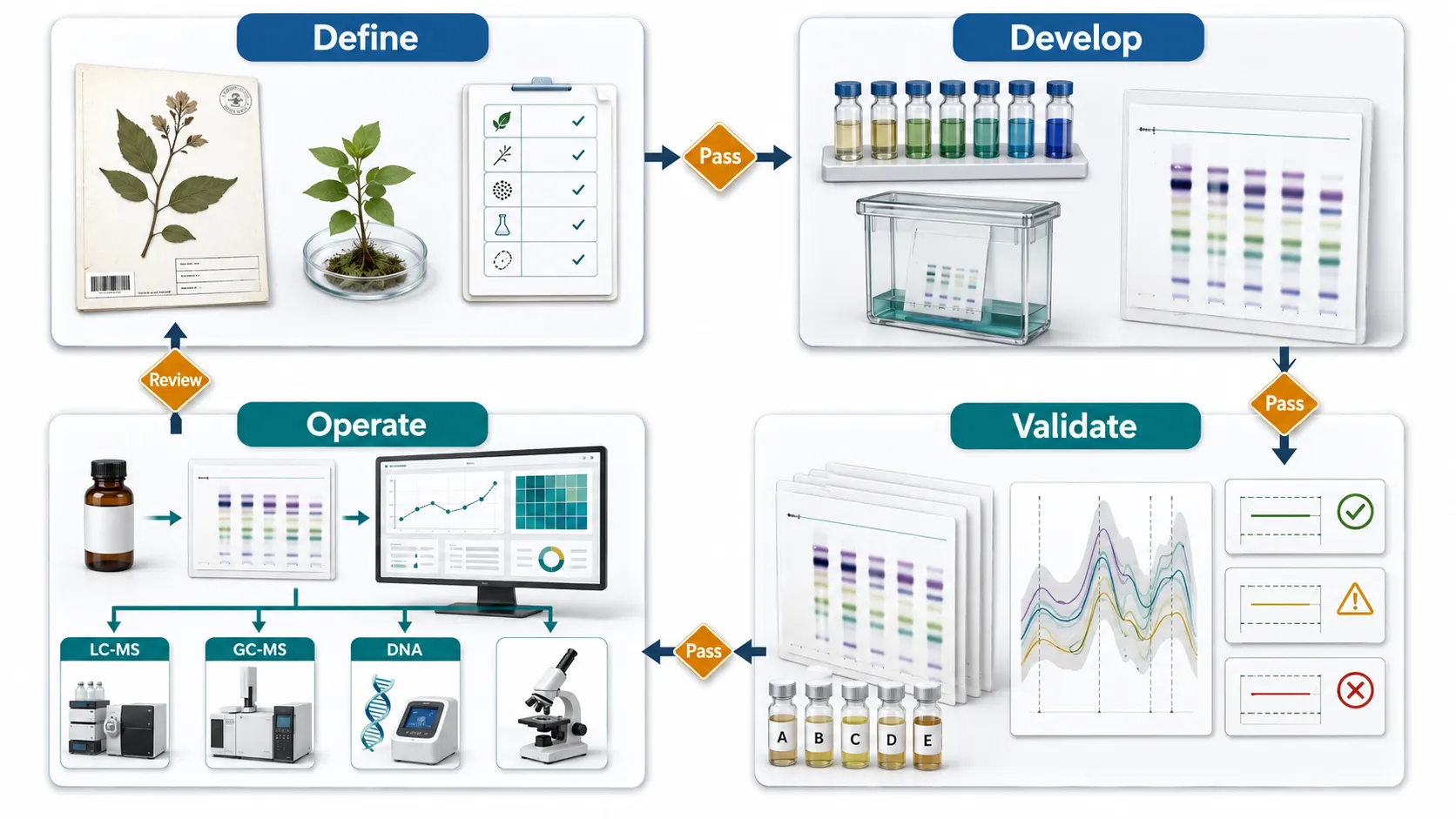 A four-phase SOP pipeline linking botanical authentication, reference-system development, decision-rule validation, routine fingerprinting, and orthogonal escalation.