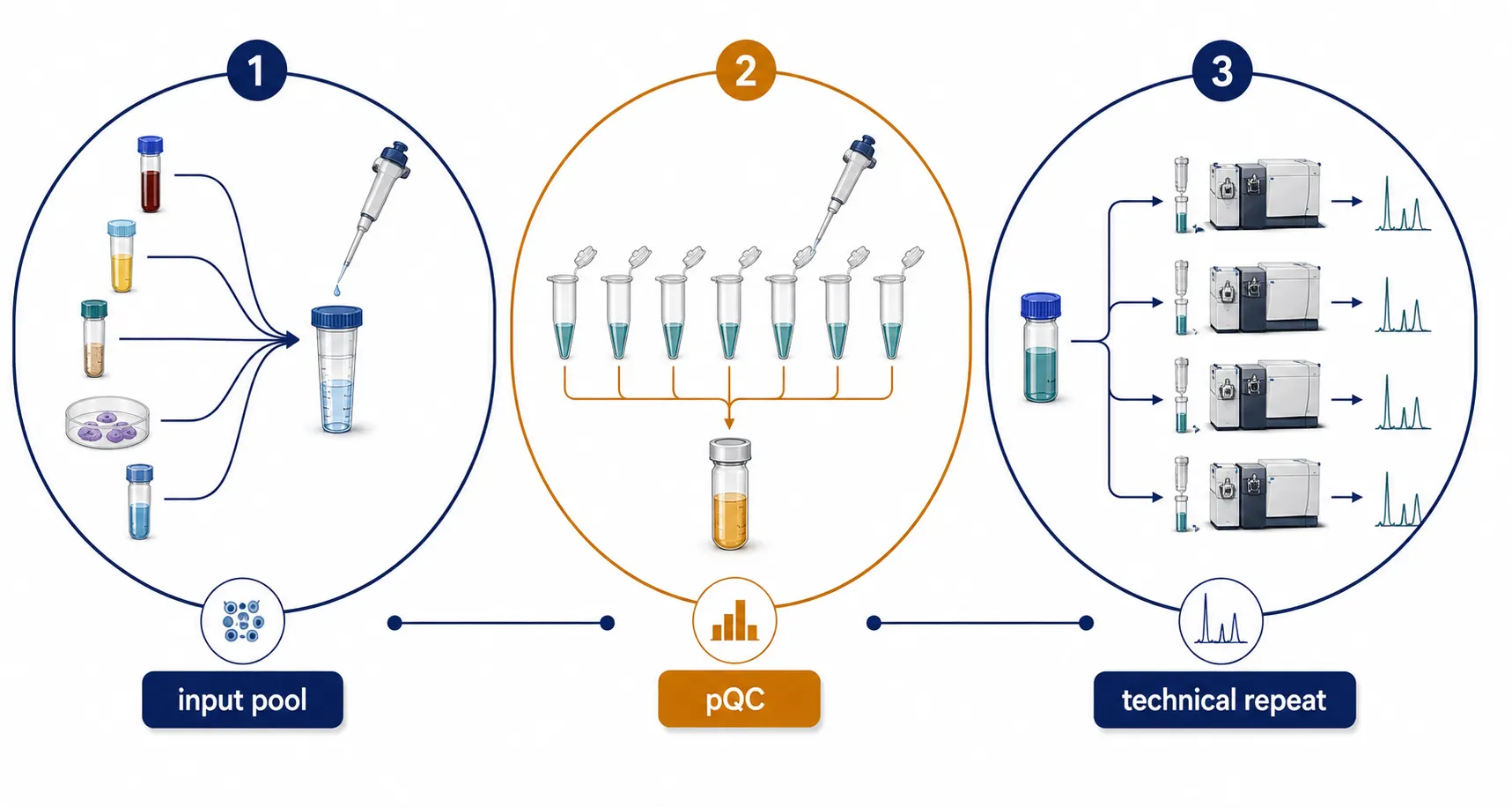 Modern scientific diagram showing three distinct sample routes: biological input pooling, pooled quality-control preparation, and technical replication, each ending in a different analytical purpose.