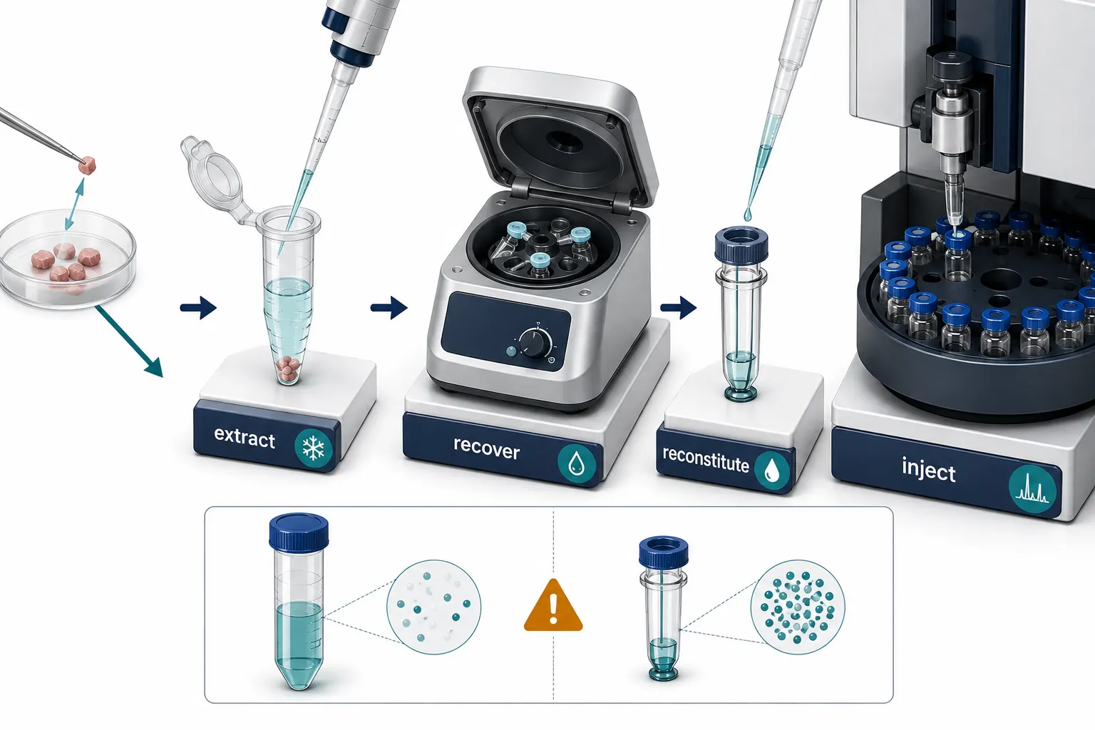 Isometric micro-volume extraction setup showing a low-input sample, calibrated micro-pipette, low-dead-volume tube, controlled solvent addition, compact reconstitution vial, and LC-MS injection path.