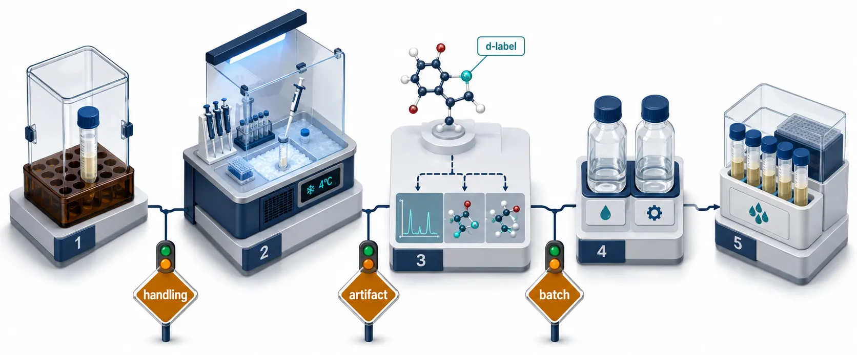 Modern laboratory process visualization showing protected collection, low-light aliquoting, a labeled oxidation sentinel, process blank, pooled QC, and a decision gate before LC-MS extraction.