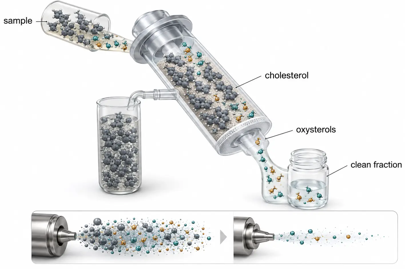 Isometric solid-phase extraction diagram showing a cholesterol-rich sample entering an SPE cartridge, cholesterol retained or diverted to one fraction, and a cleaner polar oxysterol fraction progressing toward LC-MS analysis.