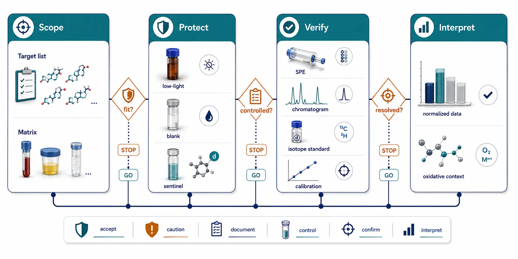 Four-phase quality gate diagram for oxysterol LC-MS showing analytical scoping, protected sample qualification, identity and quantification, and biological interpretation, with stop-go checkpoints between each phase.