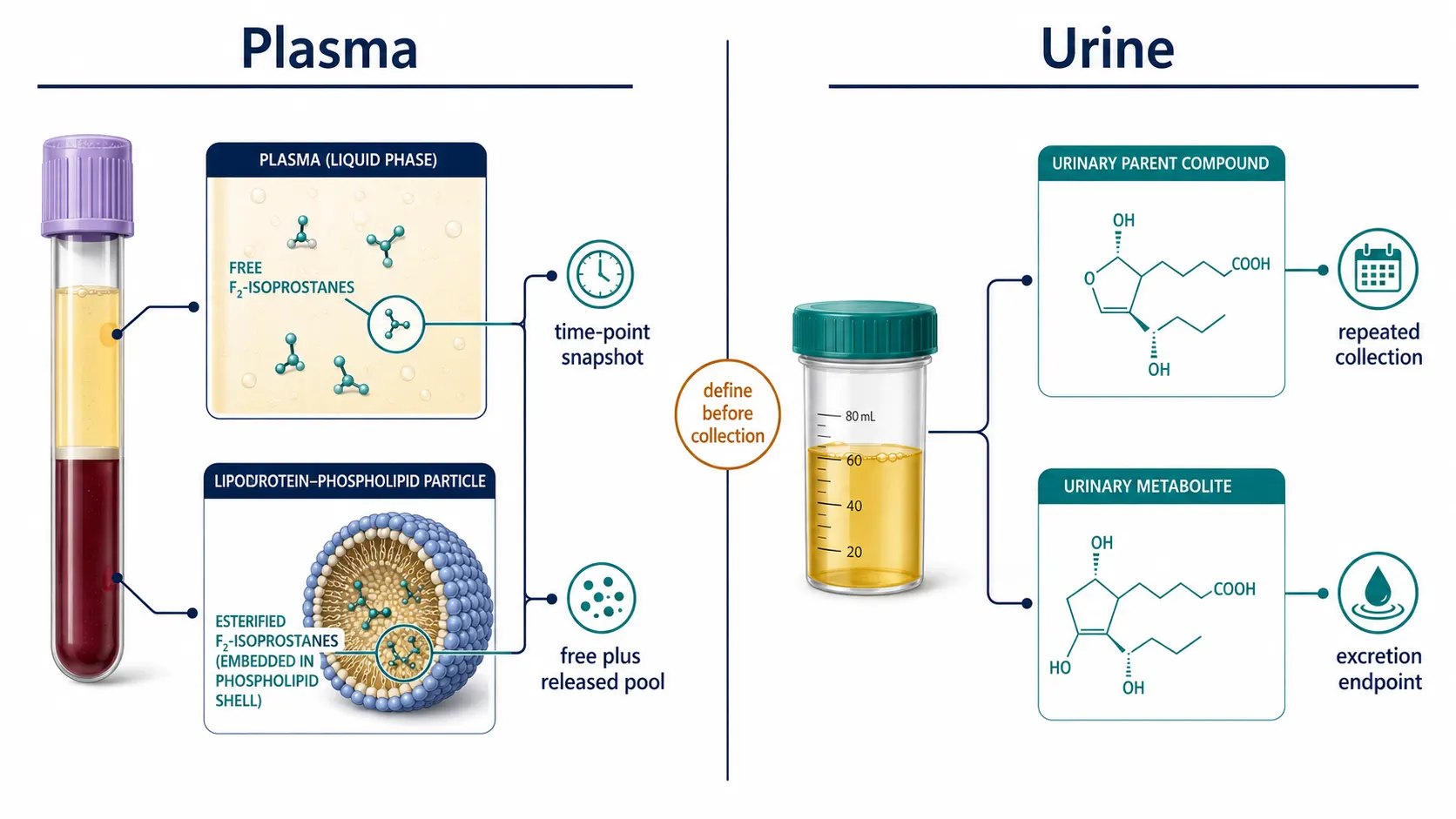 Two-part biological partition diagram. Left panel shows plasma with free F2-isoprostanes in fluid and esterified F2-isoprostanes embedded in lipoprotein phospholipids. Right panel shows urinary parent compound and downstream metabolite routes entering a collection vial.
