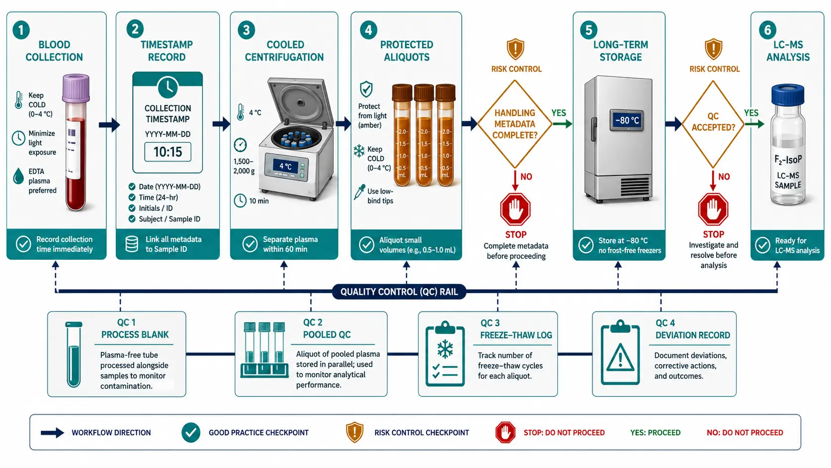 Laboratory preanalytical control diagram for plasma F2-isoprostane analysis showing timed blood collection, chilled centrifugation, protected aliquots, process blank, pooled QC, and a stop-go quality gate before LC-MS extraction.