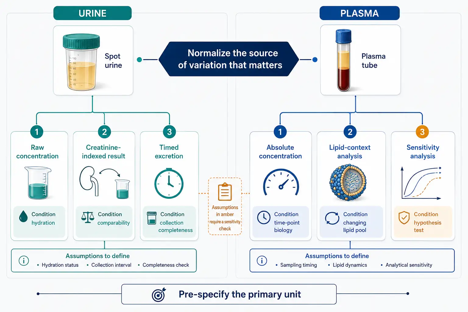 Normalization framework with a urine branch showing raw concentration, creatinine-indexed concentration, and timed excretion option; and a plasma branch showing absolute concentration, total-lipid context, and sensitivity-analysis decision gate.