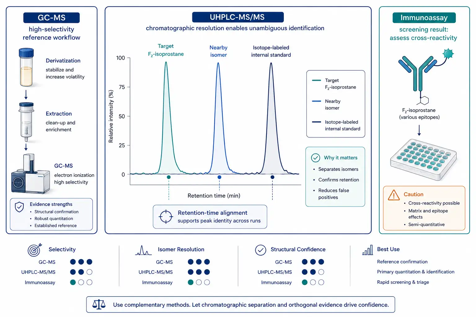 Analytical comparison illustration showing a detailed UHPLC-MS/MS chromatogram with resolved isomer peaks and isotope-standard trace, a GC-MS derivatization workflow icon, and an immunoassay antibody icon with cross-reactivity warning markers.