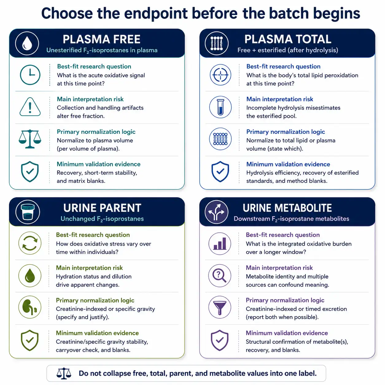 Decision matrix infographic with four curved panels for plasma free, plasma total, urine parent, and urine metabolite. Each panel uses short labels for ideal study question, main artifact risk, normalization choice, and required validation evidence.