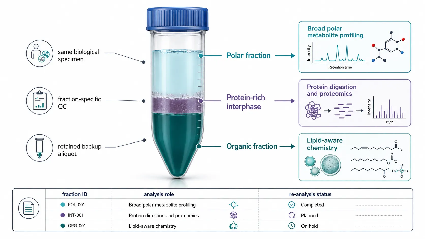 A clean scientific cutaway diagram of a single extraction tube after biphasic separation. The upper polar phase leads to metabolite profiling, the lower organic phase leads to lipid-aware analysis, and the protein-rich interphase leads to digestion and proteomics. Side callouts show sample ledger, pooled QC aliquot, and retained backup aliquot.