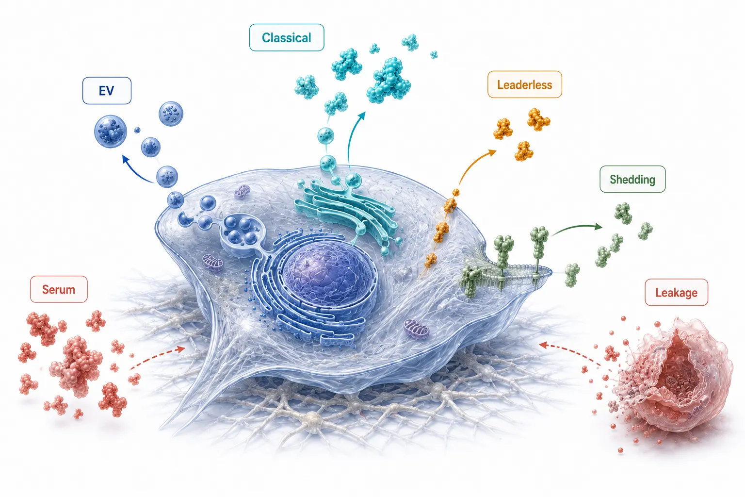 Illustration of a cultured cell releasing classically secreted proteins, leaderless proteins, shed ectodomains, and extracellular vesicles into conditioned medium, with contamination and leakage shown as separate signals.