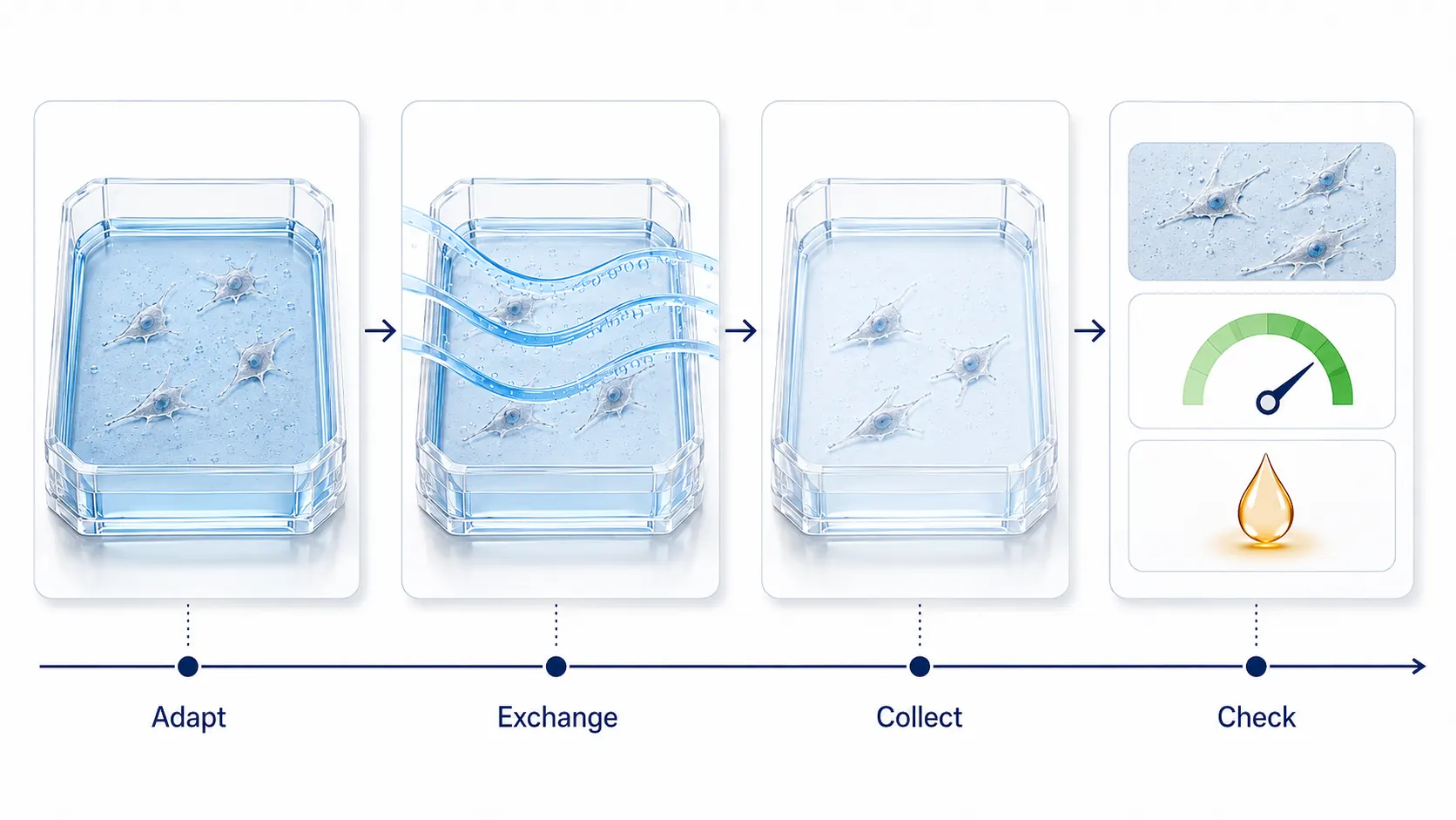 Workflow diagram showing stepwise serum-free adaptation, gentle medium exchange and washing, collection-window monitoring, and parallel cell-viability and LDH quality-control measurements.