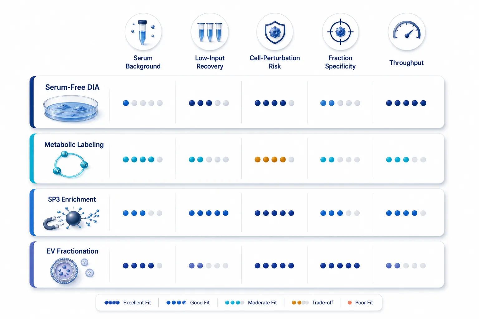 Decision matrix comparing serum-free DIA, metabolic-labeling secretomics, SP3 enrichment, and extracellular-vesicle fractionation by serum background, recovery need, biological perturbation risk, complexity, and best use case.