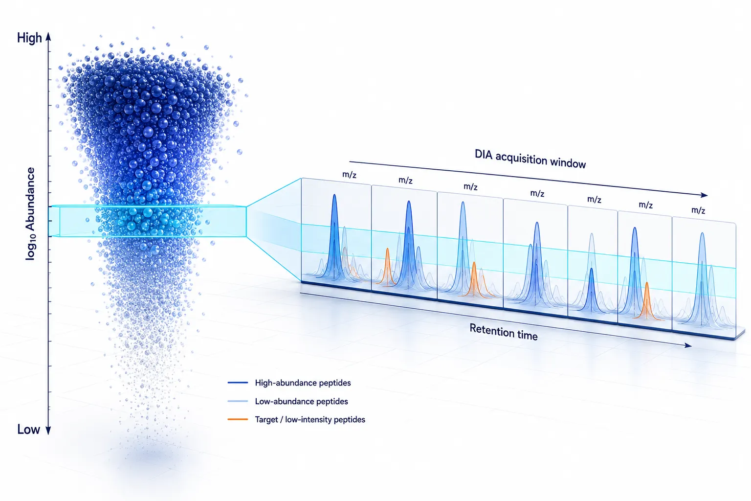 Scientific visualization of a plasma abundance distribution with high-abundance proteins dominating the upper range and a narrower DIA observation window for low-abundance peptide signals.