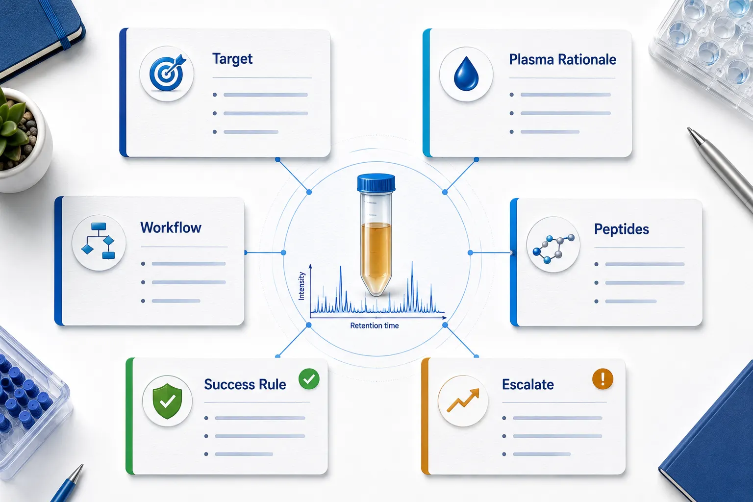 A one-page plasma DIA feasibility worksheet with fields for target biology, plasma rationale, peptide evidence, workflow tier, success criteria, and escalation decisions.