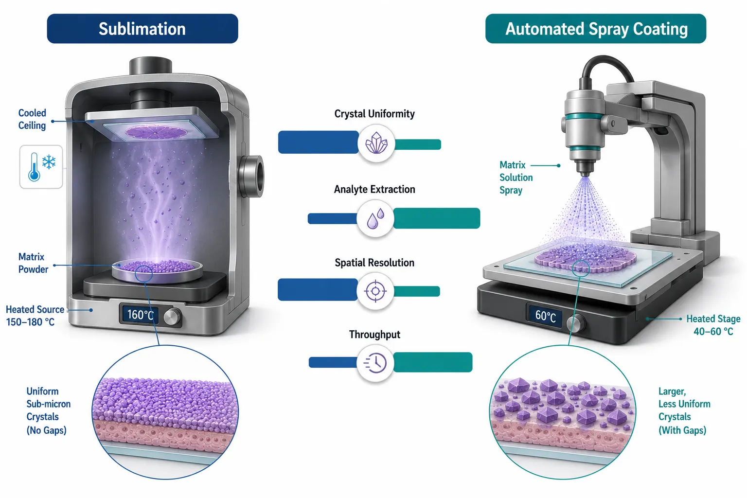 Matrix Deposition Methods Comparison — Side-by-Side Sublimation vs. Spray 3D Illustration