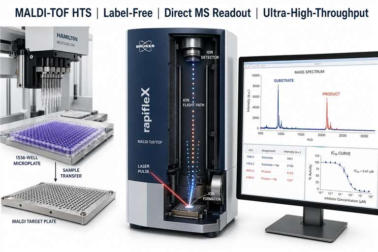 MALDI-TOF HTS platform diagram featuring MALDI-TOF mass spectrometer, automated sample spotting, high-speed laser acquisition, and data analysis pipeline.