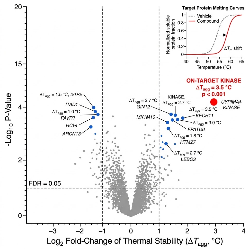 Thermal proteome profiling (TPP) volcano plot from a compound MoA study, showing log2 fold-change of thermal stability on x-axis versus -log10 p-value on y-axis, with direct target highlighted in red and downstream pathway members in blue.