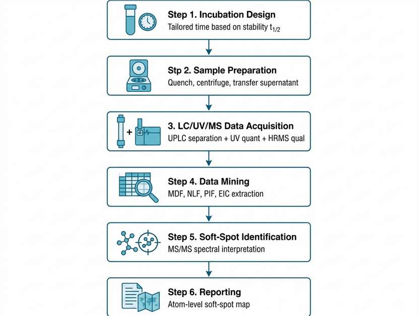 Metabolic soft-spot analysis workflow diagram showing 6 steps from incubation design to reporting