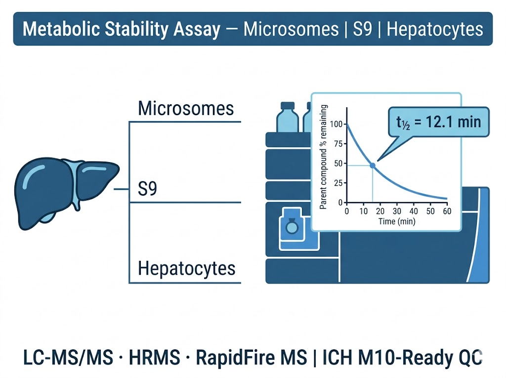 Metabolic stability assay workflow with LC-MS/MS analysis and liver microsome illustration
