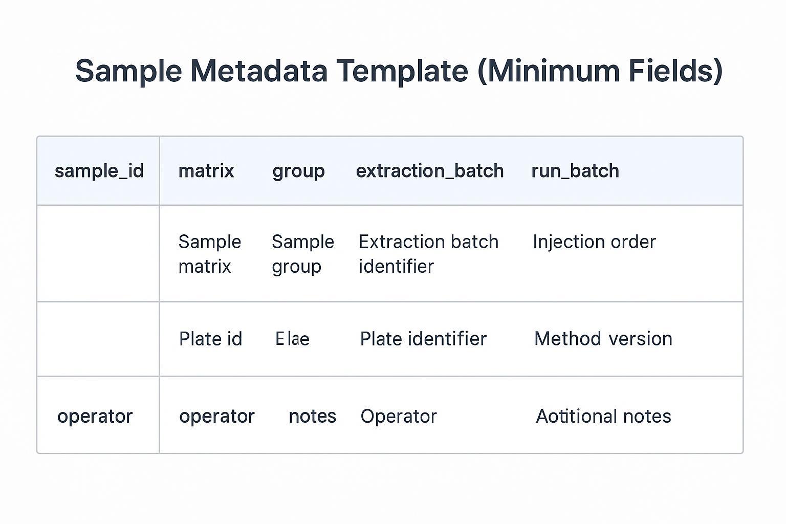 Sample metadata template for metabolomics analysis service deliverables: batch, injection order, method version, and traceability fields.