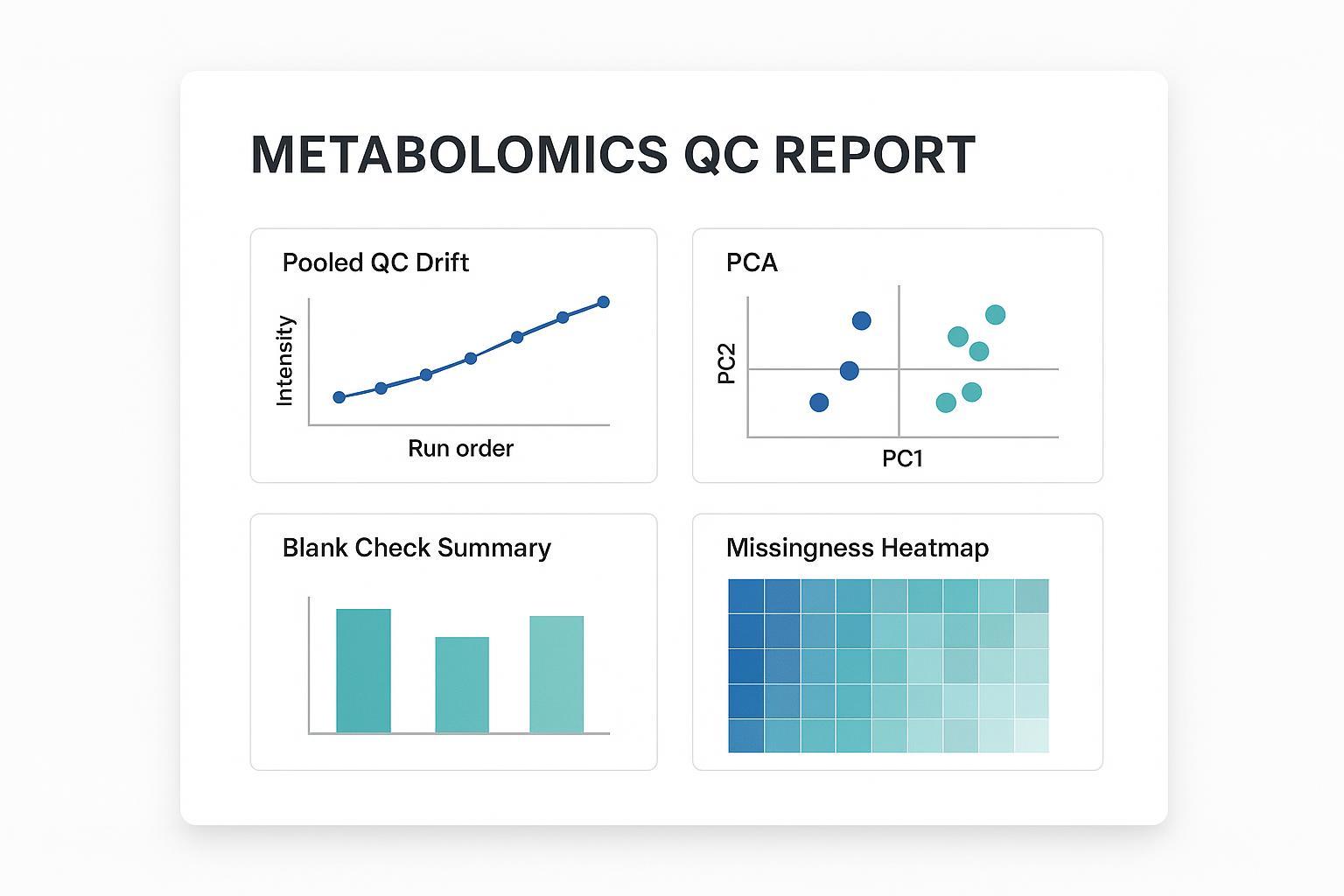 Metabolomics QC report example showing pooled QC drift, PCA clustering, blank checks, and missingness for audit-ready delivery.