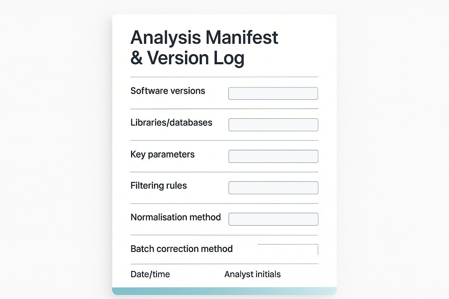 Analysis manifest and version log for metabolomics analysis service deliverables: software versions, parameters, and database releases.