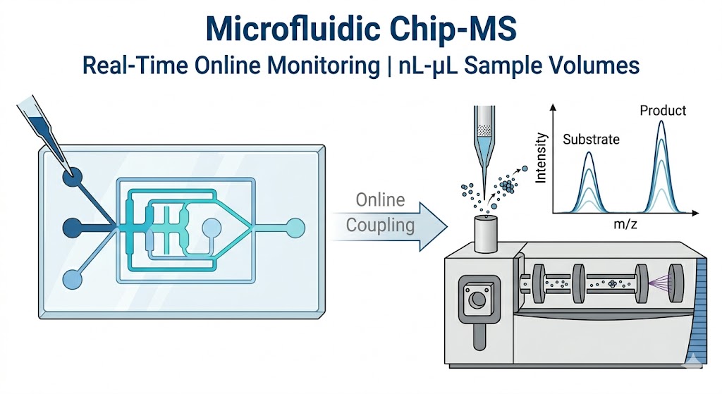 Microfluidic chip-MS integration showing microfluidic chip with channels connecting to mass spectrometer inlet for real-time online monitoring.