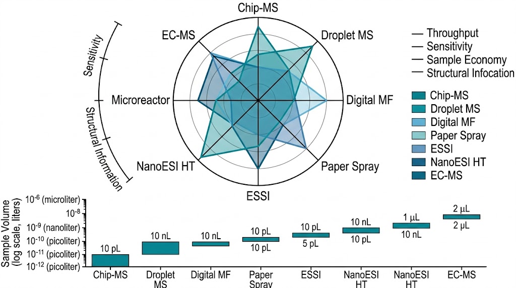 Microfluidics-MS platform capability comparison radar chart and sample volume comparison