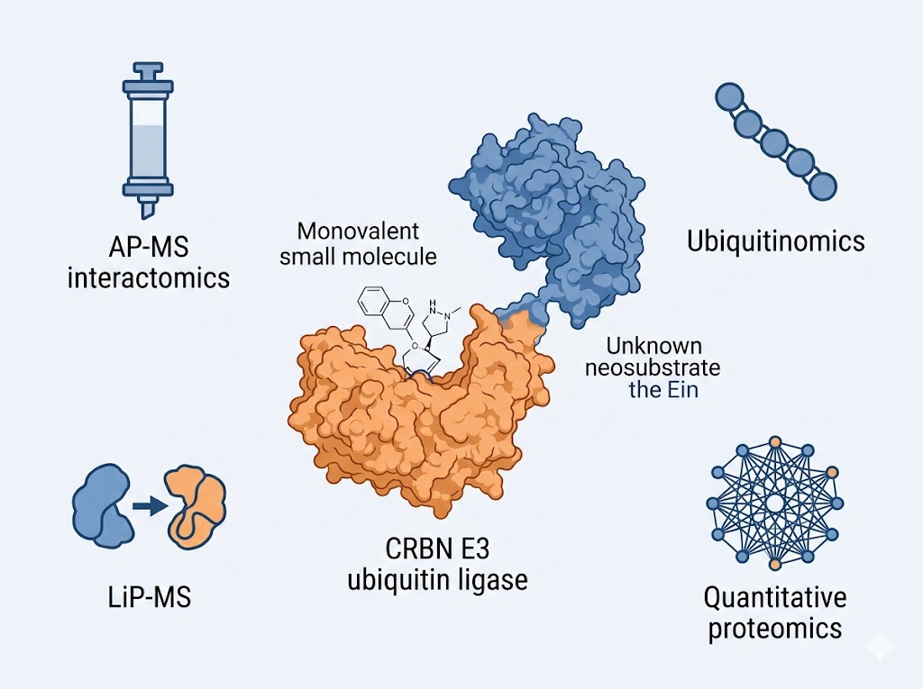 Molecular glue target identification service overview: molecular glue compound (monovalent small molecule) binding to CRBN E3 ubiquitin ligase (orange) and inducing a neo-interface that recruits an unknown neosubstrate protein (blue), analysed by AP-MS chemoproteomics, ubiquitinomics, quantitative proteomics, and LiP-MS for comprehensive neosubstrate discovery and degradation mechanism confirmation.