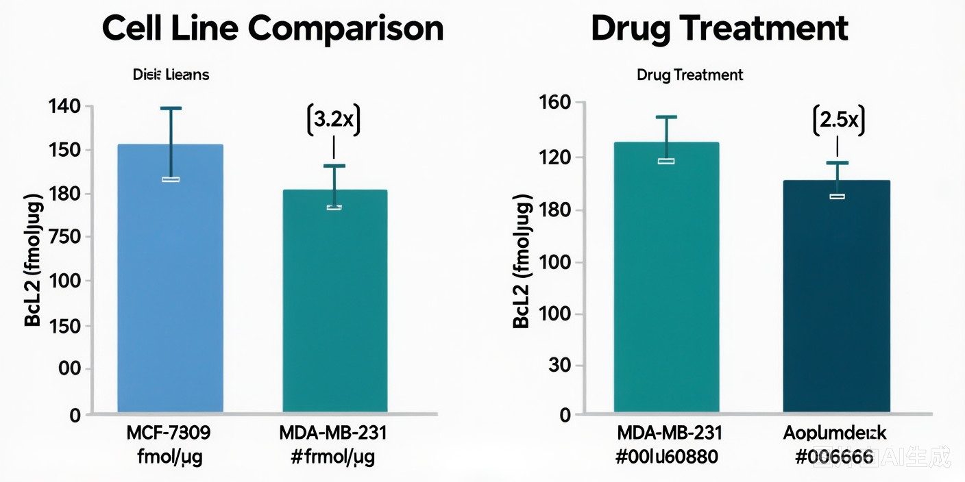 MRM assay results showing differential Bcl-2 expression in MCF-7 versus MDA-MB-231 breast cancer cell lines and doxorubicin-induced Bcl-2 upregulation.