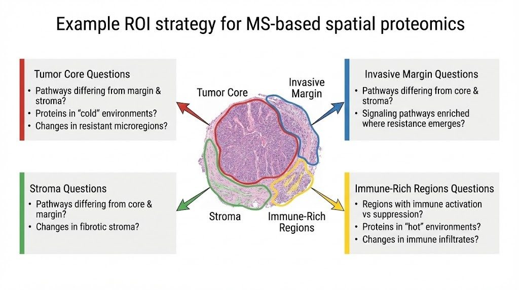 Example ROI strategy comparing tumor core, invasive margin, stroma, and immune-rich regions