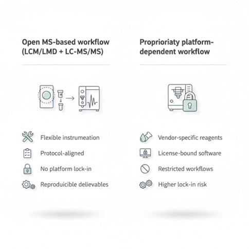 Open MS-based workflow versus Proprietary platform-dependent workflow diagram