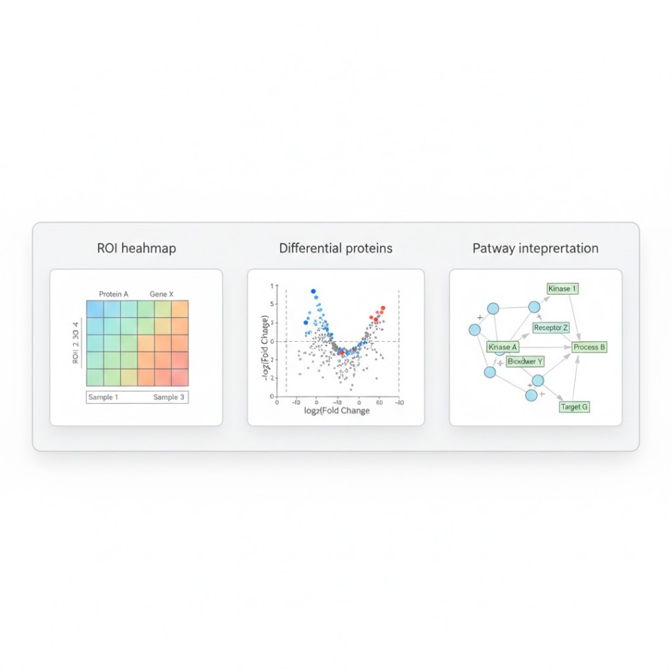 Example outputs: ROI heatmap, differential protein volcano plots, and pathway interpretation
