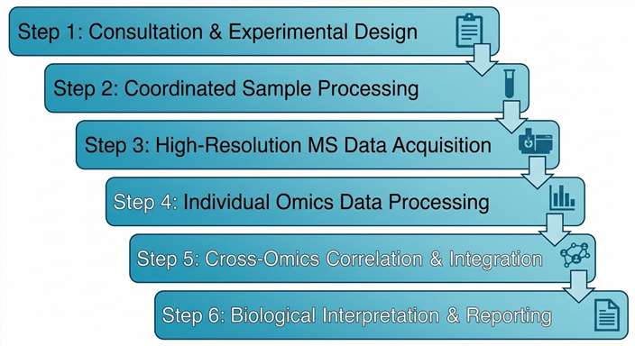 Multi-omics integration workflow showing six steps from consultation to biological interpretation