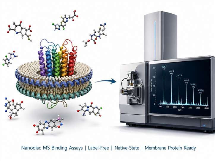 Nanodisc MS binding assay overview: membrane protein in nanodisc with compound pool, LC-HRMS detection, and binding readout.
