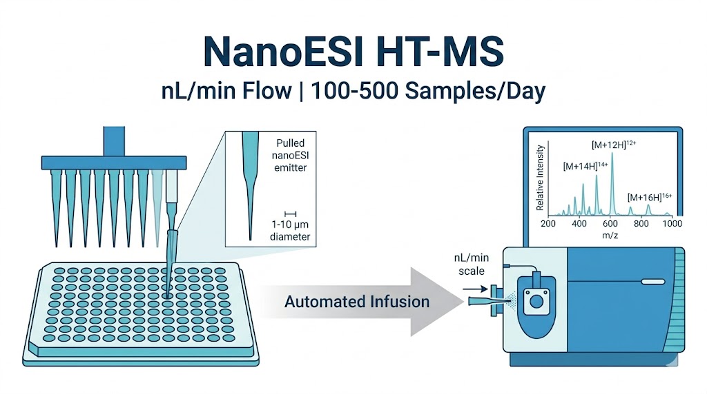 NanoESI HT-MS showing nanospray emitter with automated sample delivery from microtiter plate into mass spectrometer for high-throughput analysis.