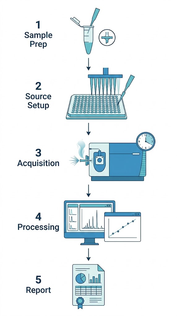 Five-step vertical workflow for nanoESI HT-MS: sample prep, source setup, automated acquisition, data processing, and report delivery.