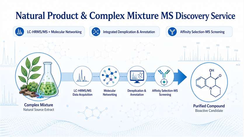 Natural Product and Complex Mixture MS Discovery Service overview featuring LC-HRMS/MS, GNPS molecular networking, affinity selection-MS, and multi-platform MS capabilities.