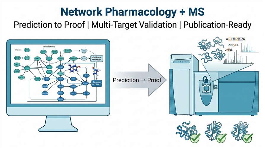 Network pharmacology and mass spectrometry integration showing computational network prediction connecting to MS-based target validation.